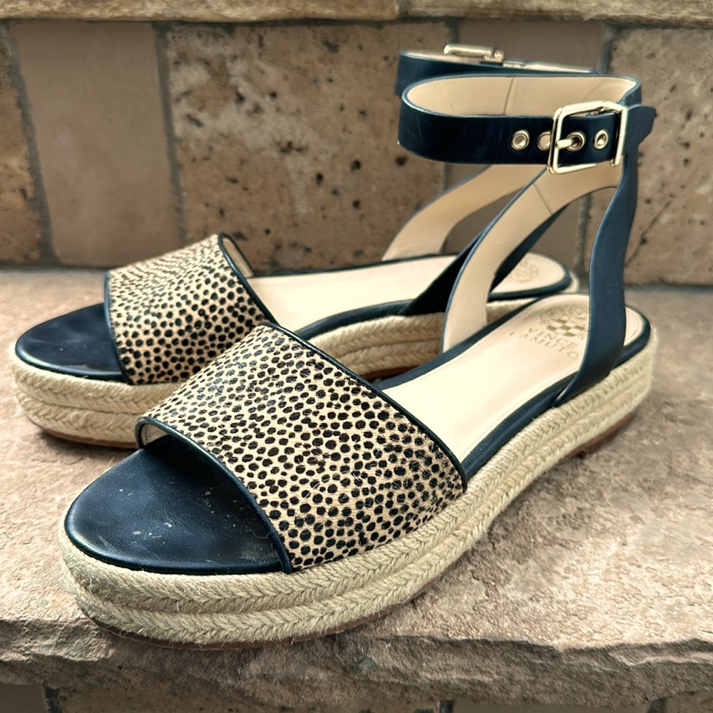 VINCE CAMUTO Leopard suede wedges with black leather ankle straps (10M)